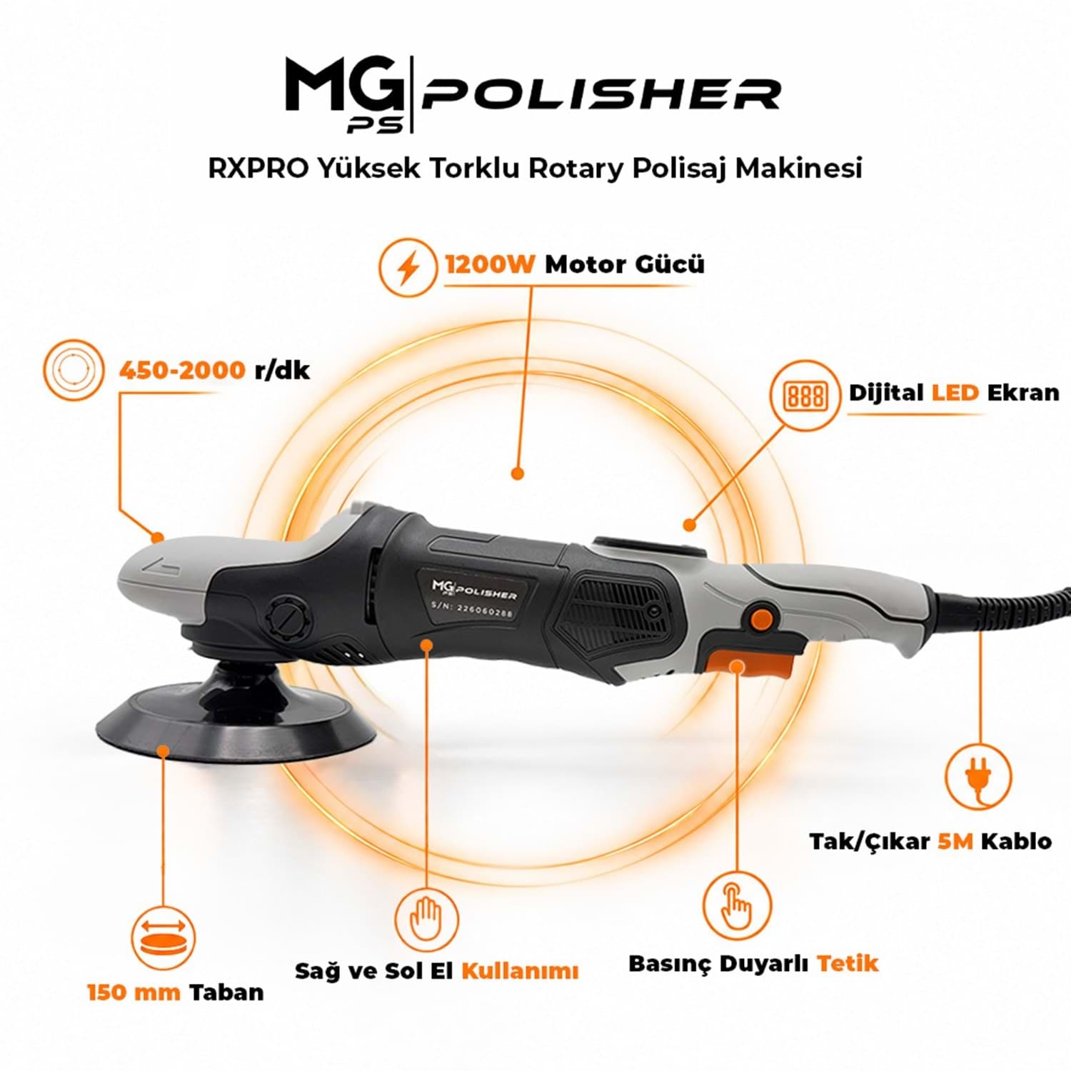 MG POLISHING MG PS RPV002 Yüksek Torklu Rotary Polisaj Makinesi 1200W | Dijital LED Ekran Profesyonel Pasta Cila - Autoshift