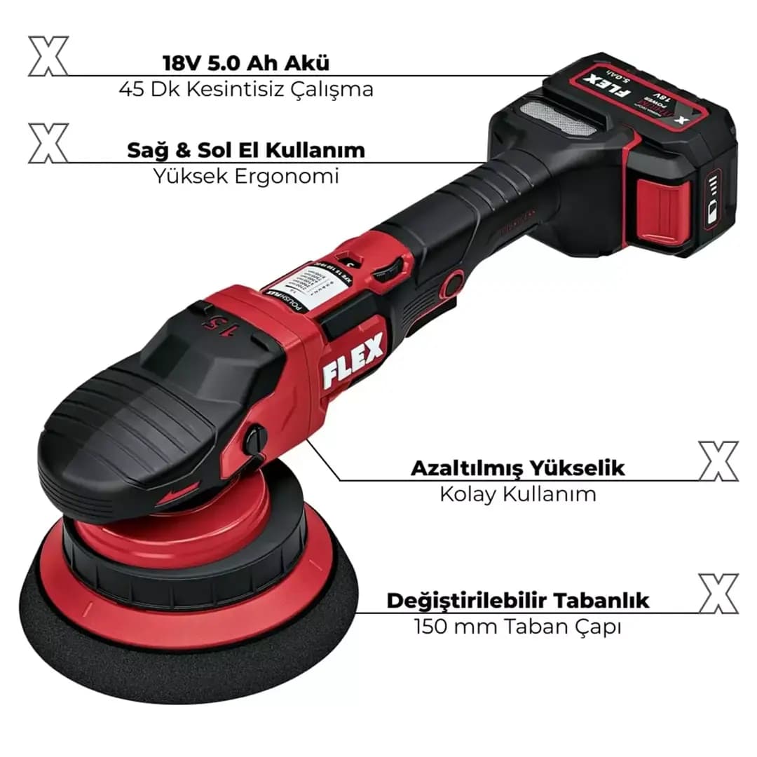 FLEX XFE 15 150 18-EC SET Random Orbital Çift Akülü Kablosuz Polisaj Makinesi Seti – Fırçasız Motor - Görsel 3