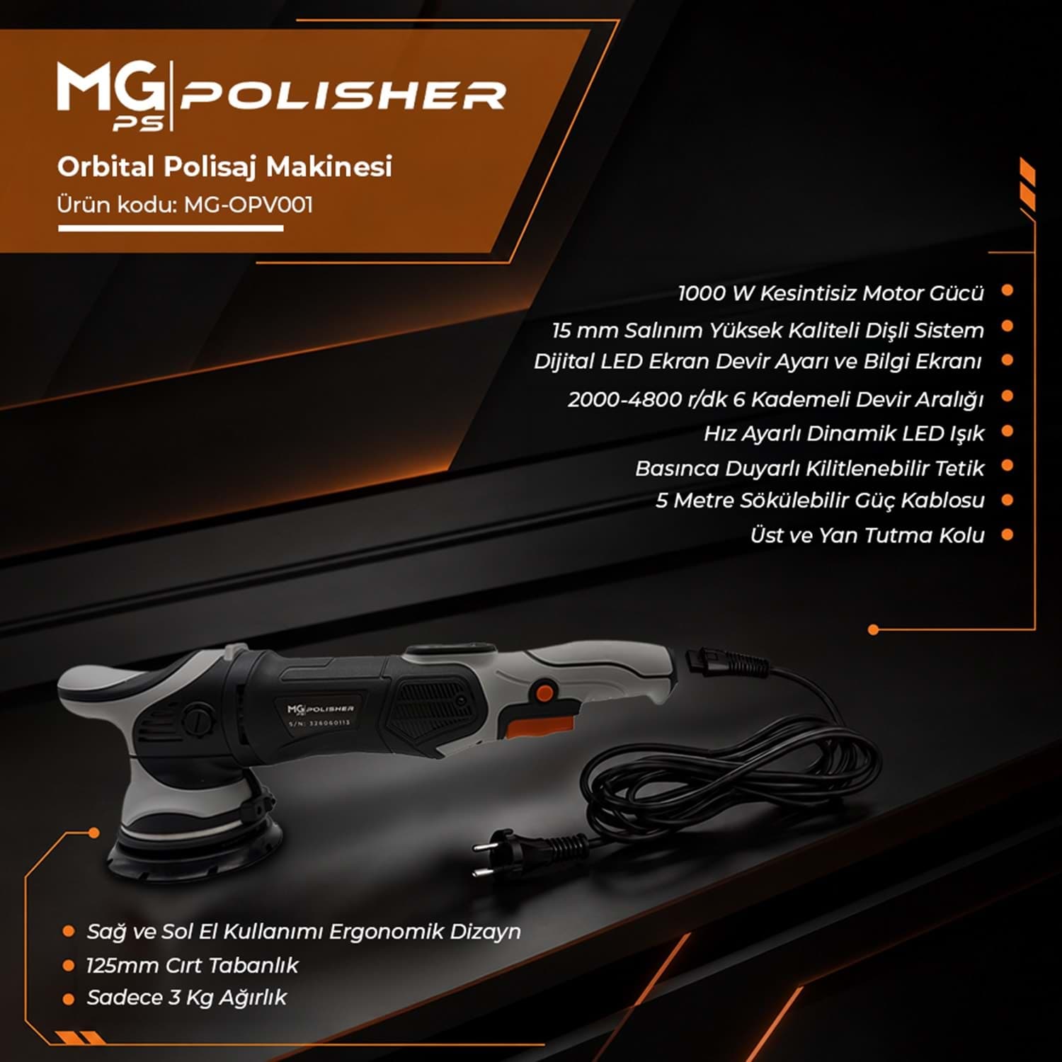 MG PS OPV001 Orbital Polisaj Makinesi 125mm 1000W | 15mm Eksantrik Salınım & Dijital LED Ekran - Görsel 2