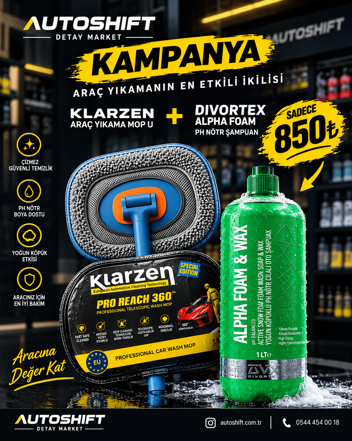 Klarzen Araç Yıkama Mop’u + Divortex Alpha Foam 1 L Set - Autoshift
