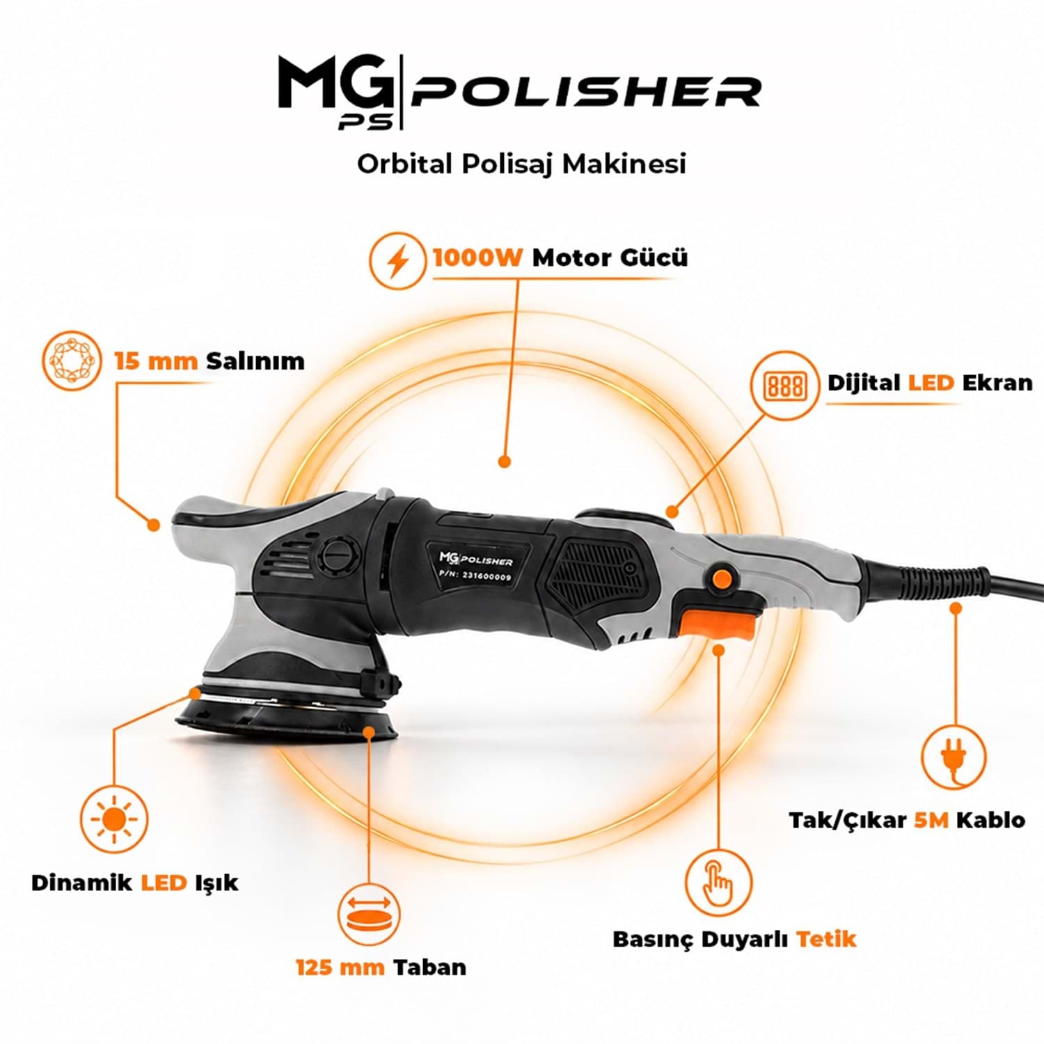 MG PS OPV001 Orbital Polisaj Makinesi 125mm 1000W | 15mm Eksantrik Salınım & Dijital LED Ekran