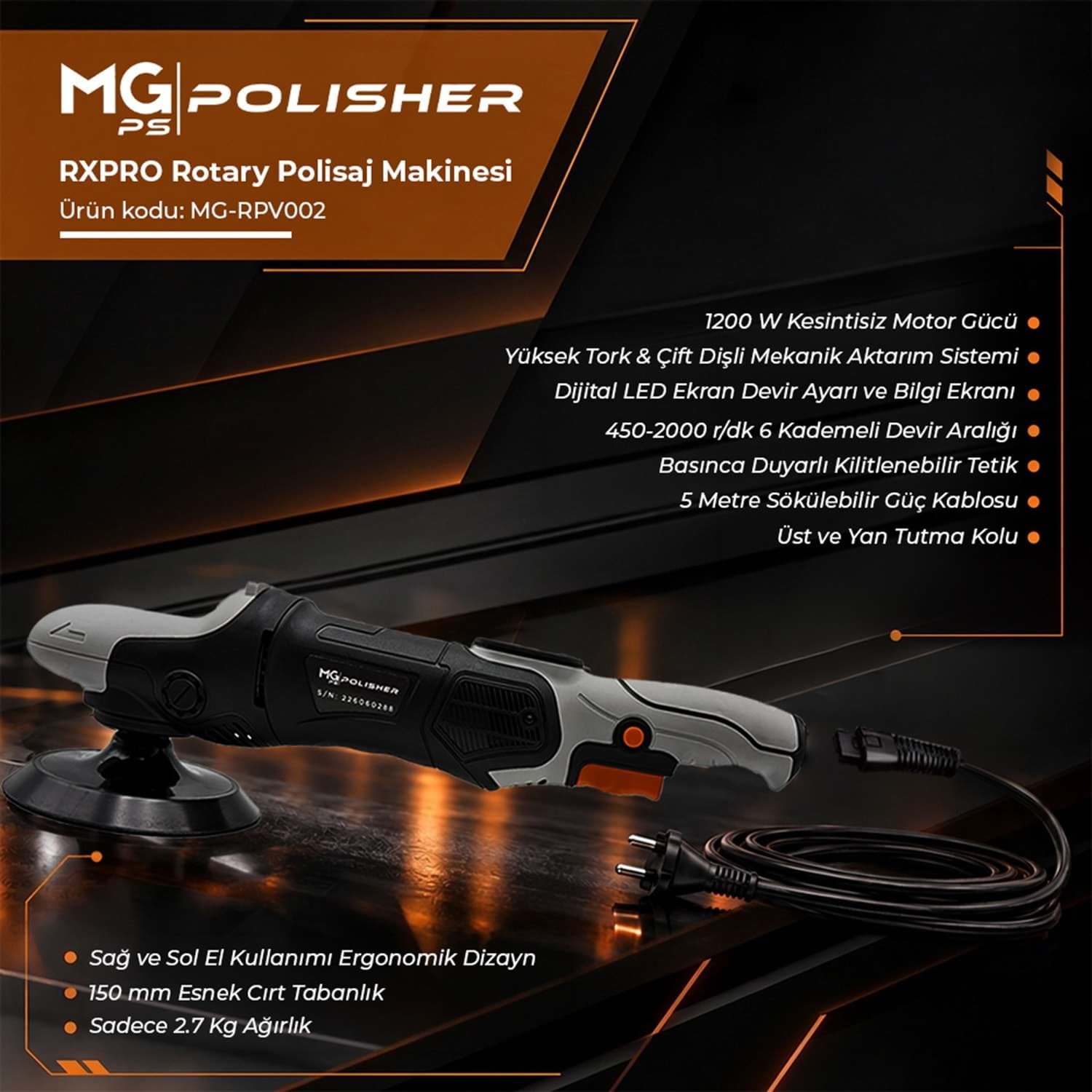 MG PS RPV002 Yüksek Torklu Rotary Polisaj Makinesi 1200W | Dijital LED Ekran Profesyonel Pasta Cila - Görsel 2