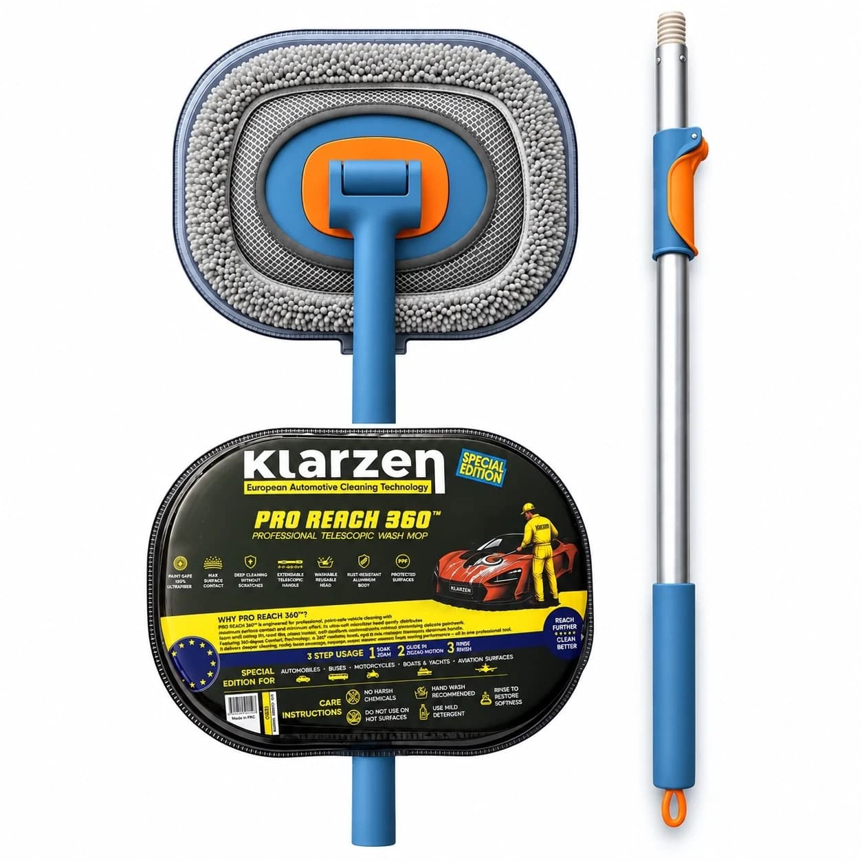 Klarzen Pro Reach 360° Teleskopik Mikrofiber Araç Yıkama Mopu - Görsel 1