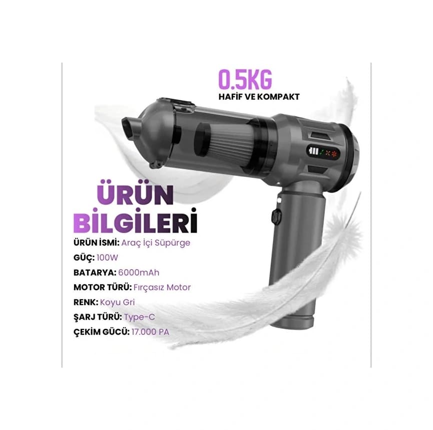 Enshall Göstergeli 17.000PA Çantalı Araç İçi Şarjlı Süpürge - Görsel 2
